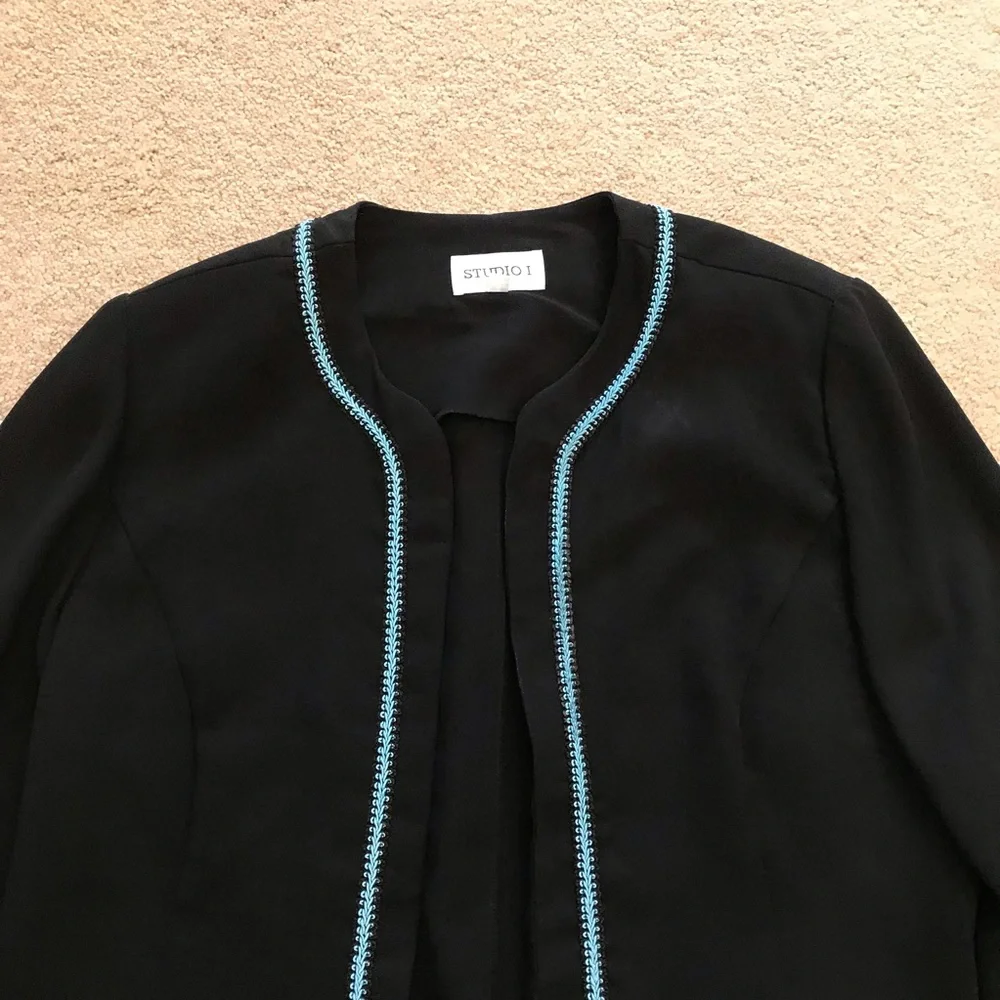 Studio Blazer Jacket Size 16 Black Light Blue Trim Pockets Easy Care Office Corp